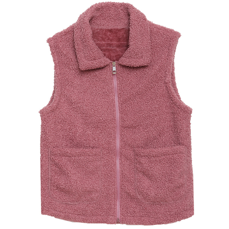 Дамски жилет с подплата от флис и овча вълна, със стояща яка и цип, геометричен принт, полиестерна материя