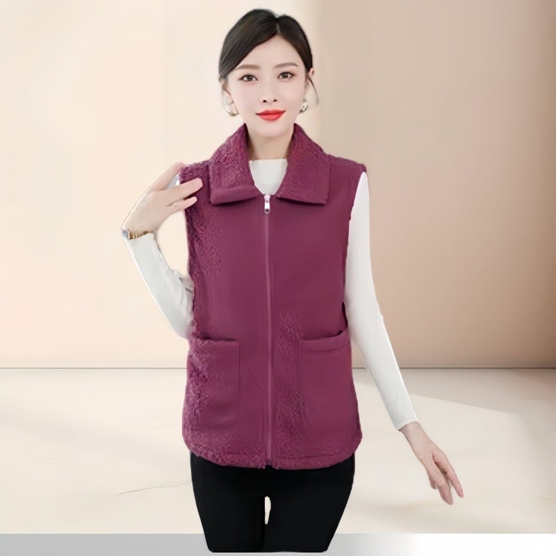 Дамски жилет с подплата от флис и овча вълна, със стояща яка и цип, геометричен принт, полиестерна материя