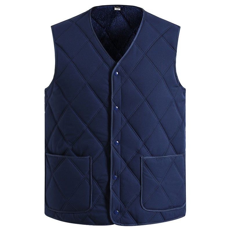 Vestă bărbați cu fleece, căptușită pentru iarnă, guler în V, închidere cu un rând de nasturi, fără glugă, buzunare laterale, tiv drept, culoare uni, material exterior poliester, căptușeală din bumbac