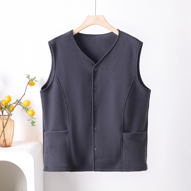 Vesta bărbătească din fleece îngroșat, fără glugă, croială lejeră, poliester cu căptușeală fleece, buzunare frontale patch, iarnă 2024