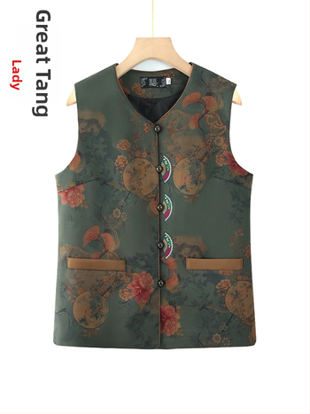 Veste vidējā vecumā un vecākām sievietēm, elegants ziedu raksts, poliestera audums, pavasaris 2025