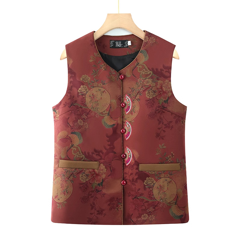 Veste vidējā vecumā un vecākām sievietēm, elegants ziedu raksts, poliestera audums, pavasaris 2025