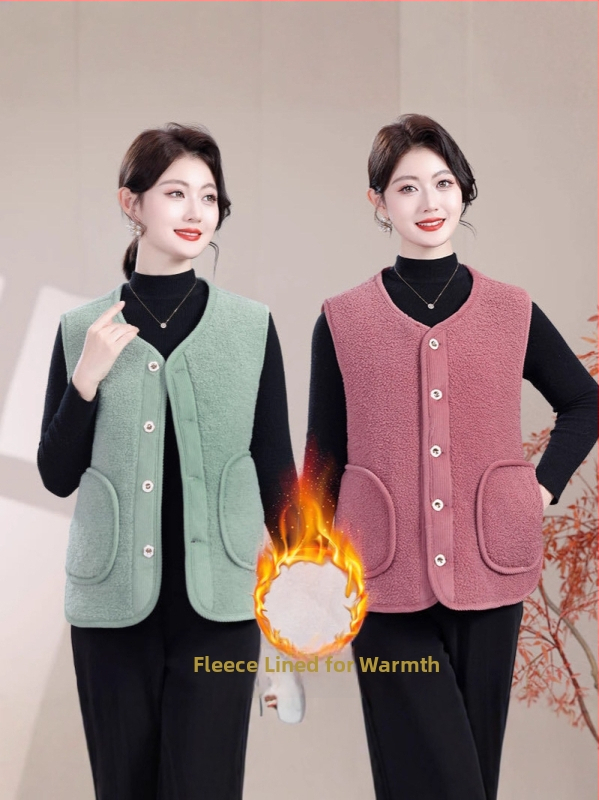 Flīss-pārklāta silta veste rudens–ziemas sezonai ar pogām un tekstūru, materiāls: poliesters 90–95% un spandekss ≤30%, standarta garums 50–65 cm