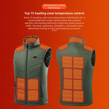 Vesta încălzită electric cu 15 zone de încălzire, încălzire inteligentă, guler înalt, lungime medie, material poliester