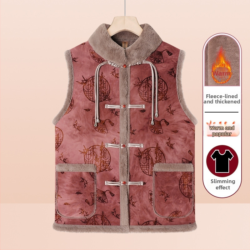 Flīsa iekšējā odere sievietēm vecumā, ķīniešu stila retro ziemas vest, 2025. gads