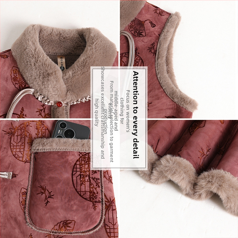 Flīsa iekšējā odere sievietēm vecumā, ķīniešu stila retro ziemas vest, 2025. gads