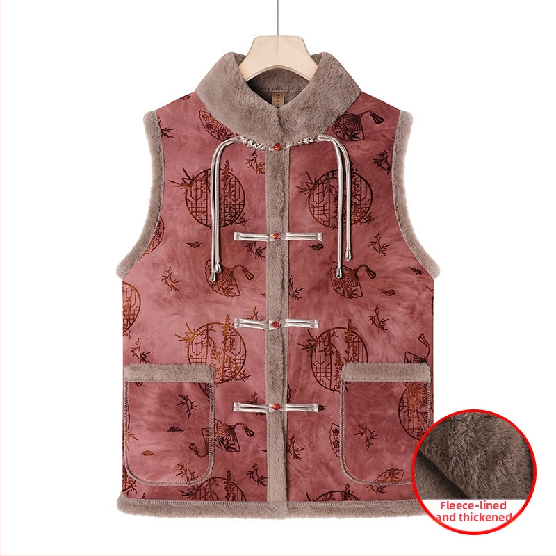 Flīsa iekšējā odere sievietēm vecumā, ķīniešu stila retro ziemas vest, 2025. gads