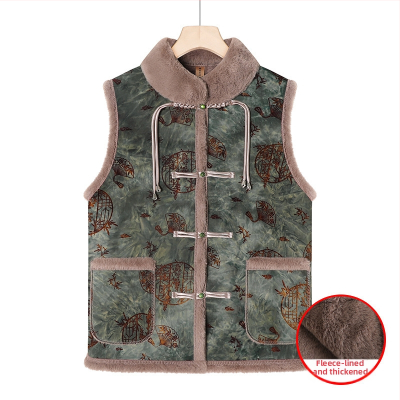 Flīsa iekšējā odere sievietēm vecumā, ķīniešu stila retro ziemas vest, 2025. gads