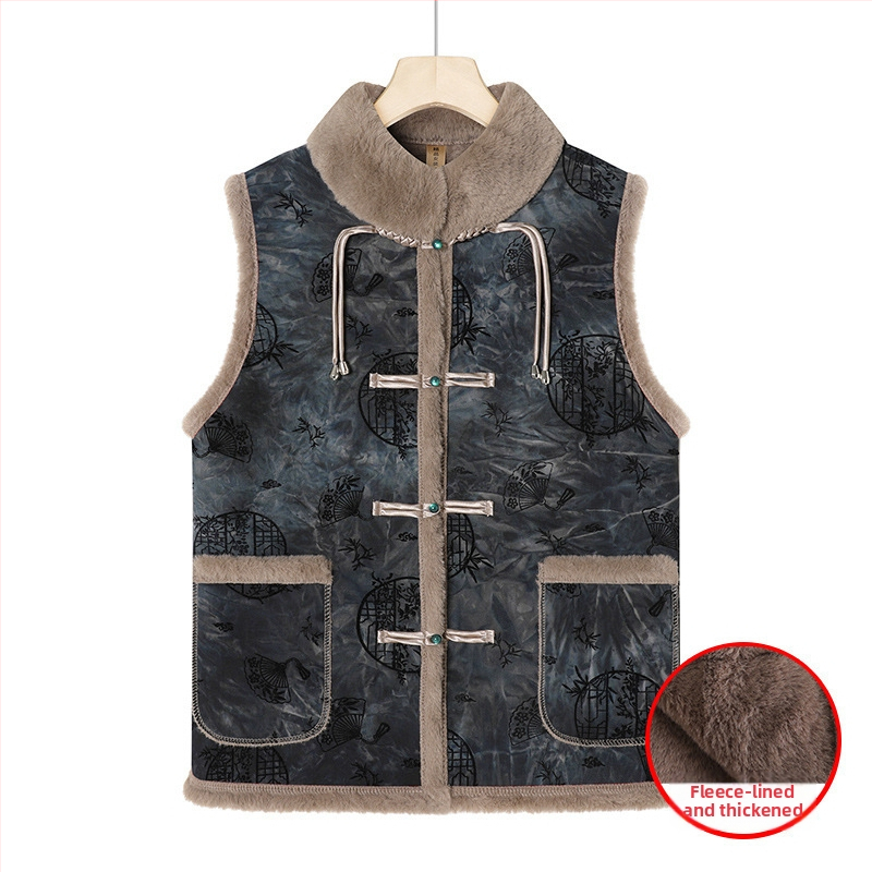 Flīsa iekšējā odere sievietēm vecumā, ķīniešu stila retro ziemas vest, 2025. gads