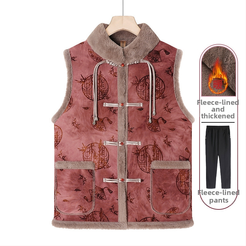 Flīsa iekšējā odere sievietēm vecumā, ķīniešu stila retro ziemas vest, 2025. gads