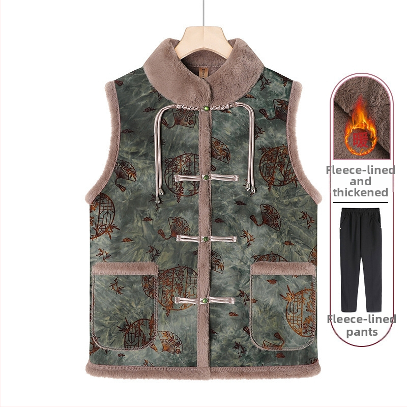 Flīsa iekšējā odere sievietēm vecumā, ķīniešu stila retro ziemas vest, 2025. gads