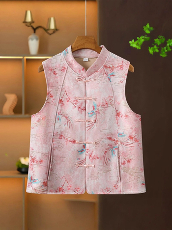 Veste ar augstu apkakli un mezglu pogām, retro džakarda ziedu raksts, poliesters, garums 50–65 cm, lauku stils, rudens 2025