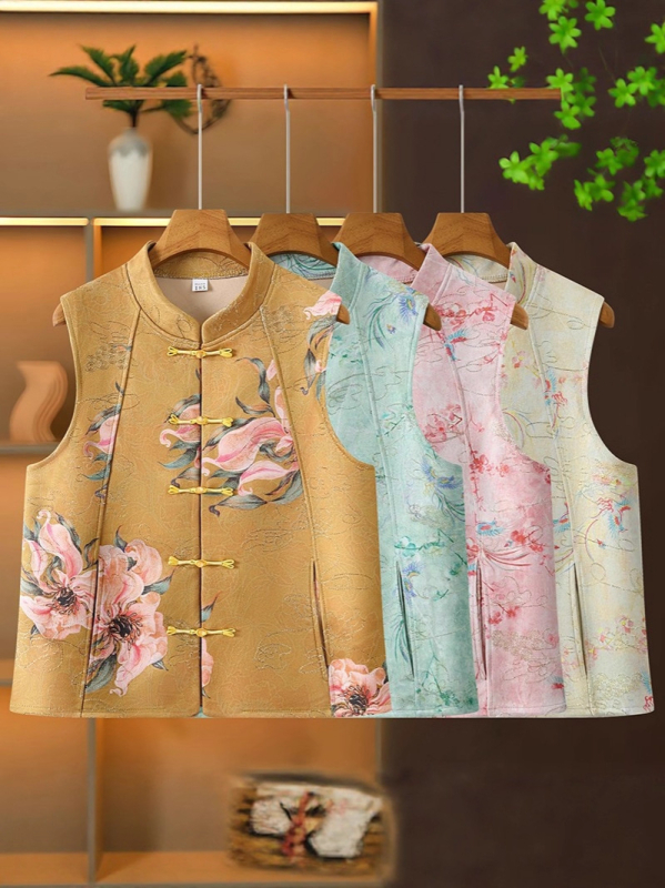 Veste ar augstu apkakli un mezglu pogām, retro džakarda ziedu raksts, poliesters, garums 50–65 cm, lauku stils, rudens 2025