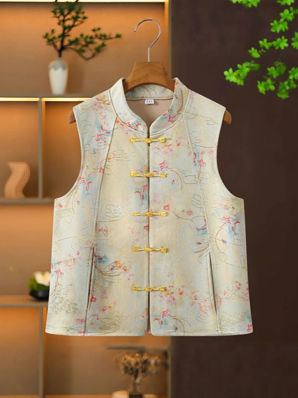 Veste ar augstu apkakli un mezglu pogām, retro džakarda ziedu raksts, poliesters, garums 50–65 cm, lauku stils, rudens 2025