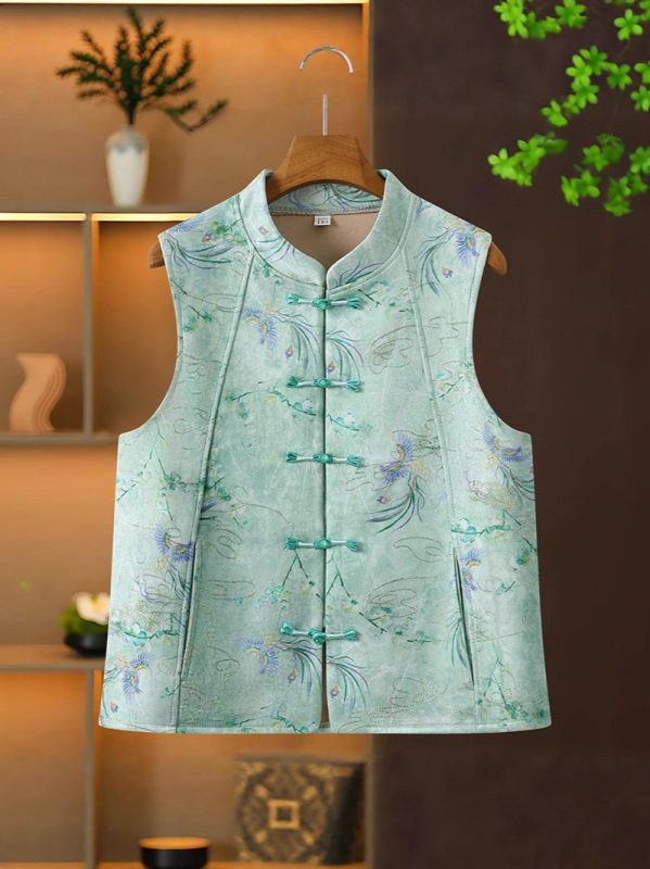 Veste ar augstu apkakli un mezglu pogām, retro džakarda ziedu raksts, poliesters, garums 50–65 cm, lauku stils, rudens 2025