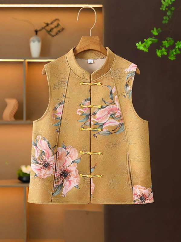 Veste ar augstu apkakli un mezglu pogām, retro džakarda ziedu raksts, poliesters, garums 50–65 cm, lauku stils, rudens 2025