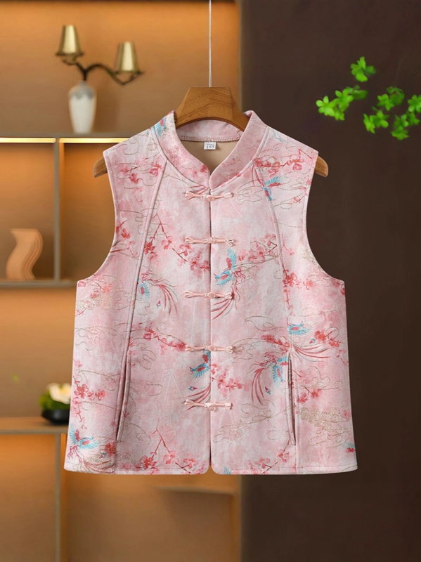 Veste ar augstu apkakli un mezglu pogām, retro džakarda ziedu raksts, poliesters, garums 50–65 cm, lauku stils, rudens 2025