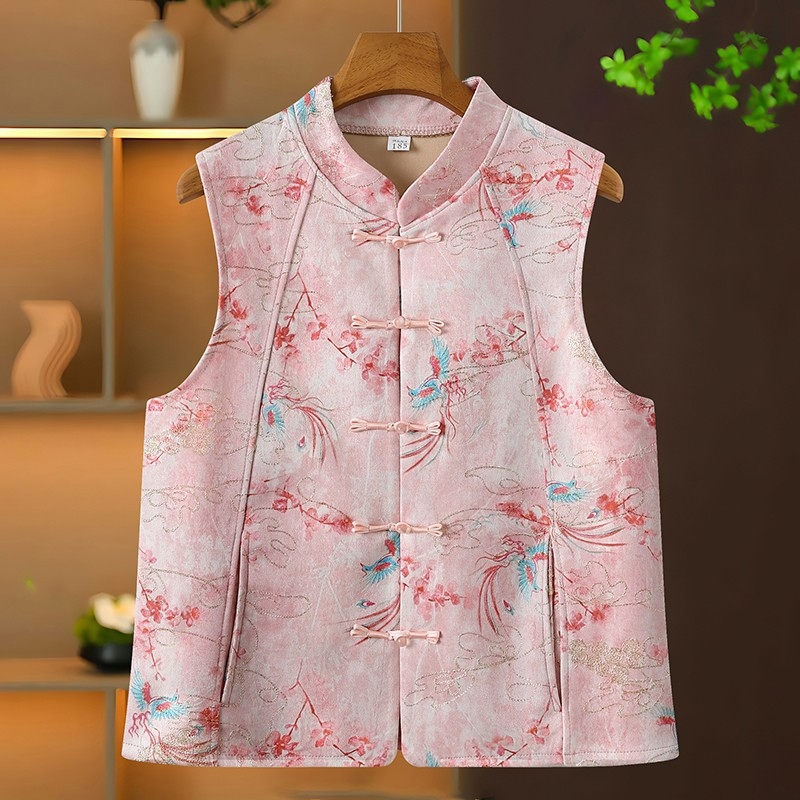 Veste ar augstu apkakli un mezglu pogām, retro džakarda ziedu raksts, poliesters, garums 50–65 cm, lauku stils, rudens 2025