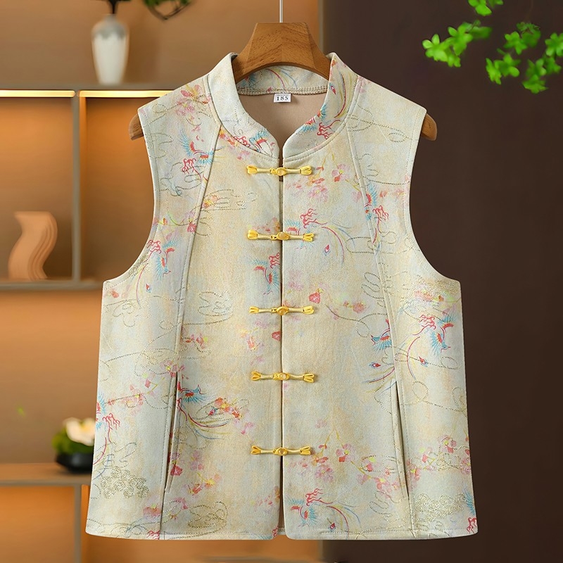 Veste ar augstu apkakli un mezglu pogām, retro džakarda ziedu raksts, poliesters, garums 50–65 cm, lauku stils, rudens 2025