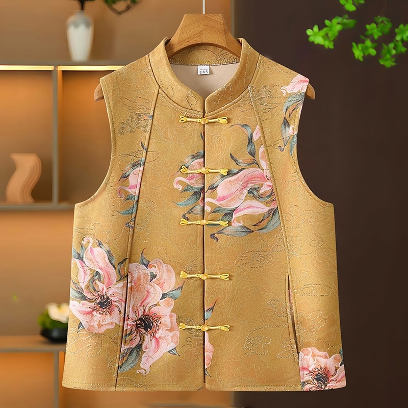 Veste ar augstu apkakli un mezglu pogām, retro džakarda ziedu raksts, poliesters, garums 50–65 cm, lauku stils, rudens 2025