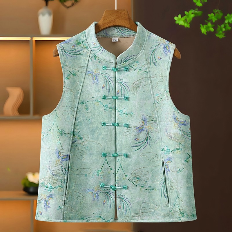 Veste ar augstu apkakli un mezglu pogām, retro džakarda ziedu raksts, poliesters, garums 50–65 cm, lauku stils, rudens 2025