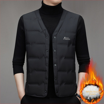 Мъжка пухена жилетка, V-образно деколте, едноредово закопчаване, зима, полиестер