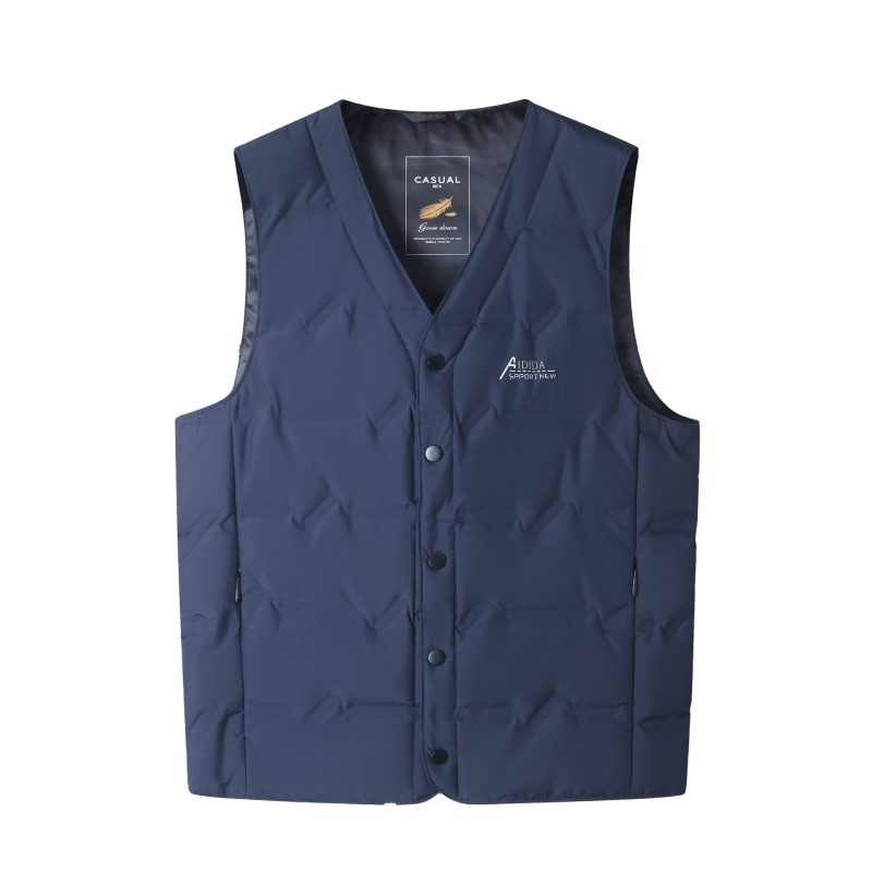 Мъжка пухена жилетка, V-образно деколте, едноредово закопчаване, зима, полиестер