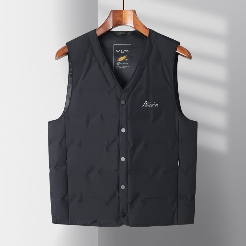 Мъжка пухена жилетка, V-образно деколте, едноредово закопчаване, зима, полиестер