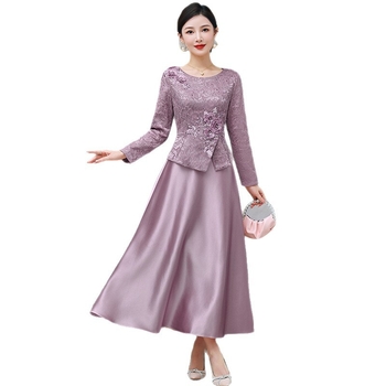 Aihueman poliester vjenčana haljina, A-linija, okrugli izrez, dugi rukavi, duga suknja, jednobojna, zima 2025