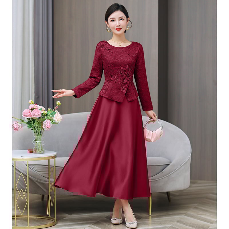 Aihueman poliester vjenčana haljina, A-linija, okrugli izrez, dugi rukavi, duga suknja, jednobojna, zima 2025