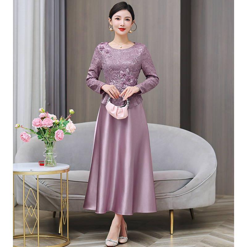 Aihueman poliester vjenčana haljina, A-linija, okrugli izrez, dugi rukavi, duga suknja, jednobojna, zima 2025