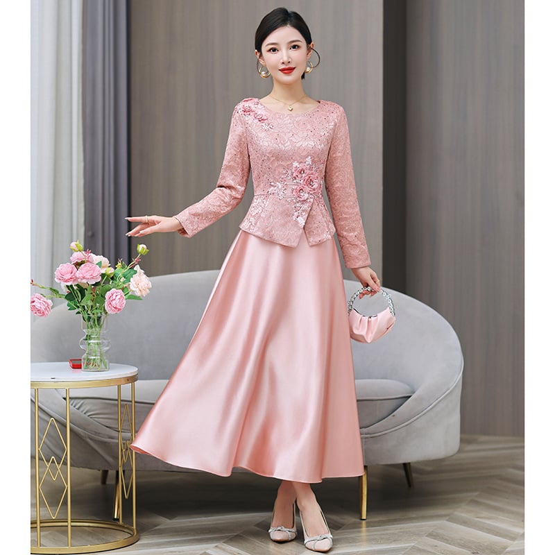 Aihueman poliester vjenčana haljina, A-linija, okrugli izrez, dugi rukavi, duga suknja, jednobojna, zima 2025