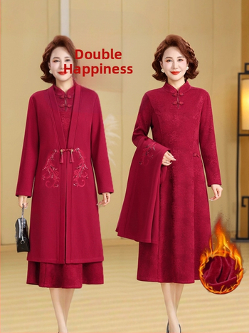 Elegantná spoločenská róba na svadobnú hostinu s fleecovou podšívkou, jesenná-zimná 2025, polyesterový materiál, potlač, midi dĺžka