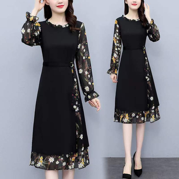 Šifon cvjetna midi haljina s okruglim izrezom i rukavima u obliku latice