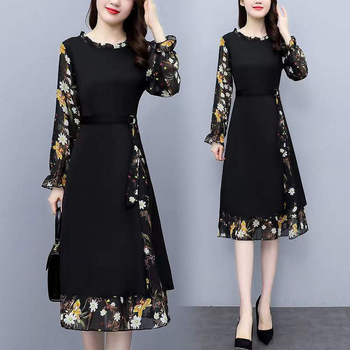 Šifon cvjetna midi haljina s okruglim izrezom i rukavima u obliku latice