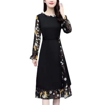 Šifon cvjetna midi haljina s okruglim izrezom i rukavima u obliku latice