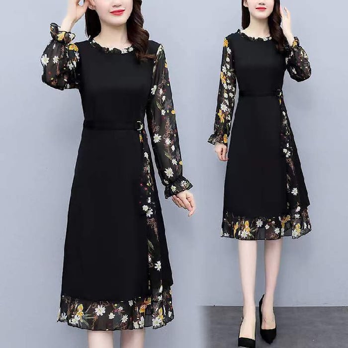 Šifon cvjetna midi haljina s okruglim izrezom i rukavima u obliku latice