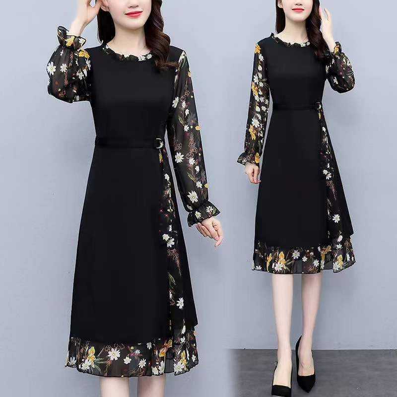 Šifon cvjetna midi haljina s okruglim izrezom i rukavima u obliku latice