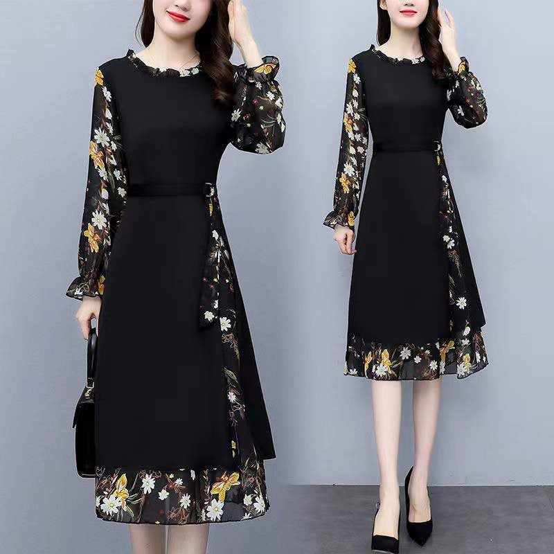 Šifon cvjetna midi haljina s okruglim izrezom i rukavima u obliku latice