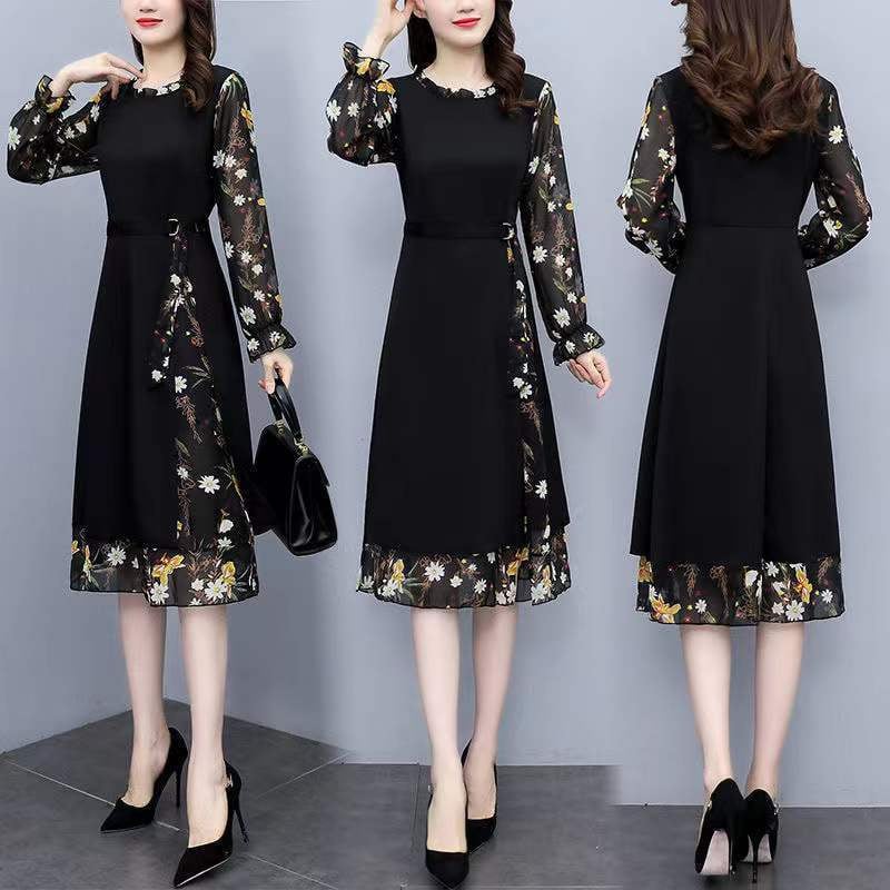 Šifon cvjetna midi haljina s okruglim izrezom i rukavima u obliku latice