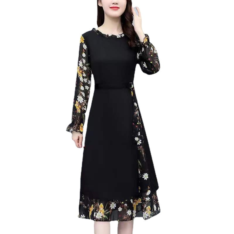 Šifon cvjetna midi haljina s okruglim izrezom i rukavima u obliku latice