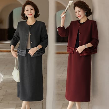 Dviejų dalių suknelių komplektas pavasariui 2025 vyresnėms moterims, vidutinio ilgio, poliesteris >95%, kasdienis stilius