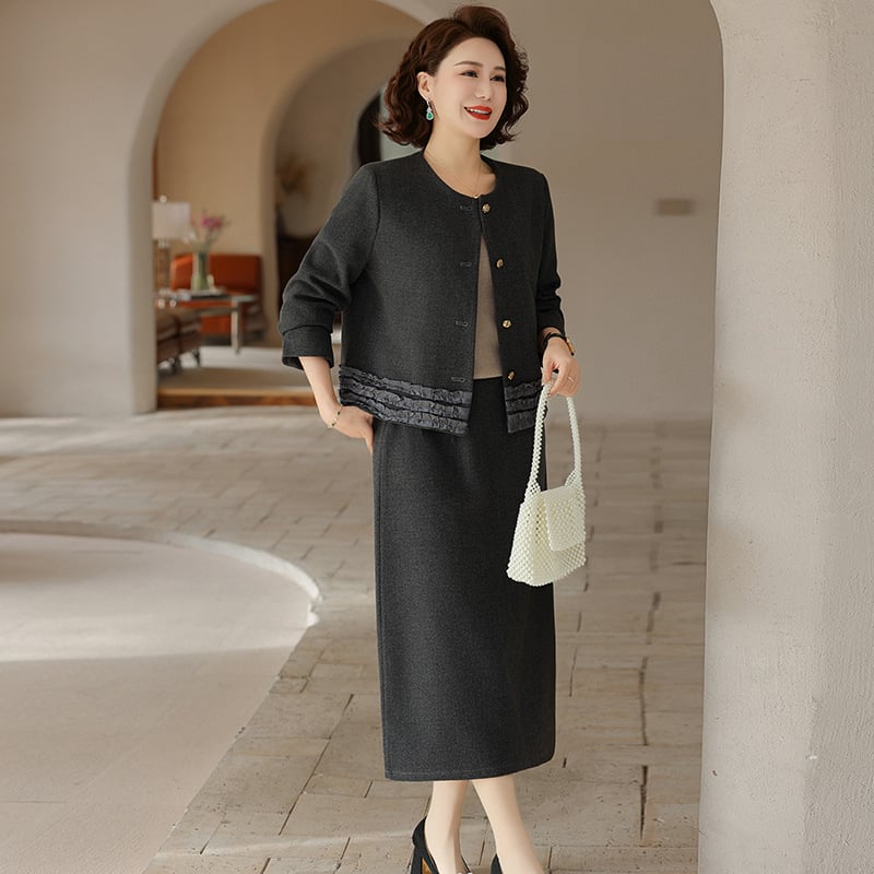 Dviejų dalių suknelių komplektas pavasariui 2025 vyresnėms moterims, vidutinio ilgio, poliesteris >95%, kasdienis stilius