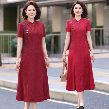 Haljina od poliester z cvjetnim uzorkom, jacquard tkanina, stojeći ovratnik, A-linijski kroj, midi duljina