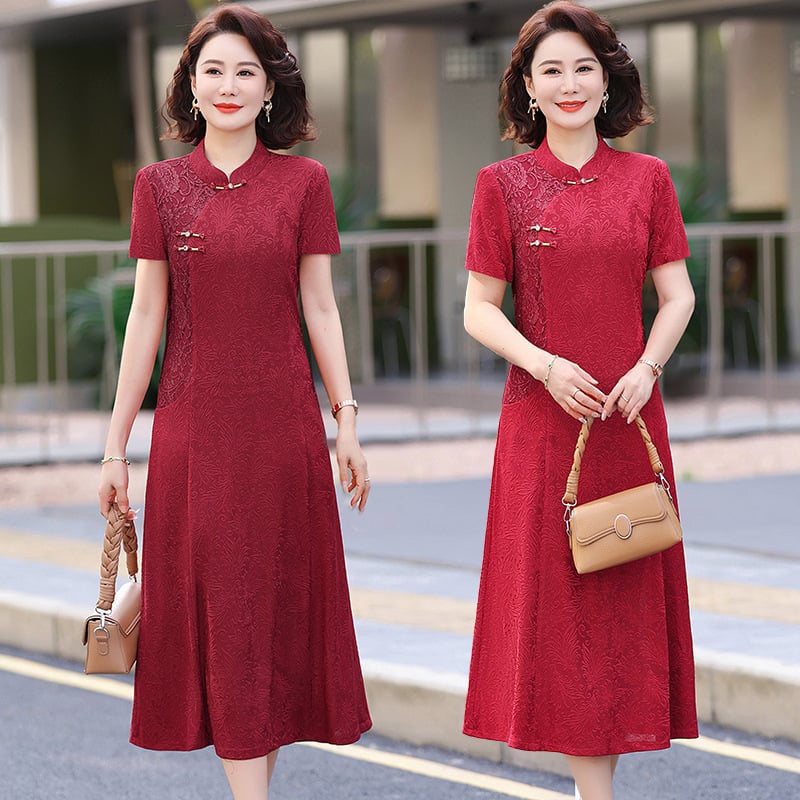 Haljina od poliester z cvjetnim uzorkom, jacquard tkanina, stojeći ovratnik, A-linijski kroj, midi duljina