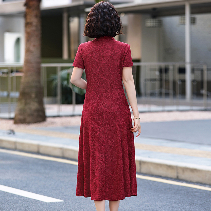 Haljina od poliester z cvjetnim uzorkom, jacquard tkanina, stojeći ovratnik, A-linijski kroj, midi duljina