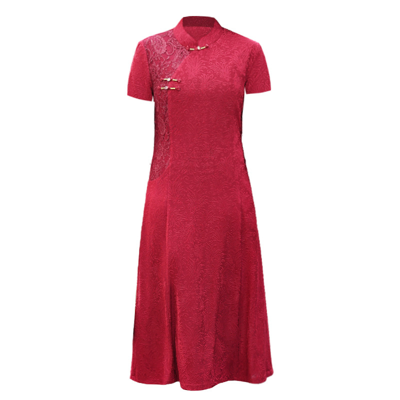 Haljina od poliester z cvjetnim uzorkom, jacquard tkanina, stojeći ovratnik, A-linijski kroj, midi duljina