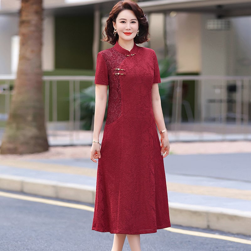 Haljina od poliester z cvjetnim uzorkom, jacquard tkanina, stojeći ovratnik, A-linijski kroj, midi duljina