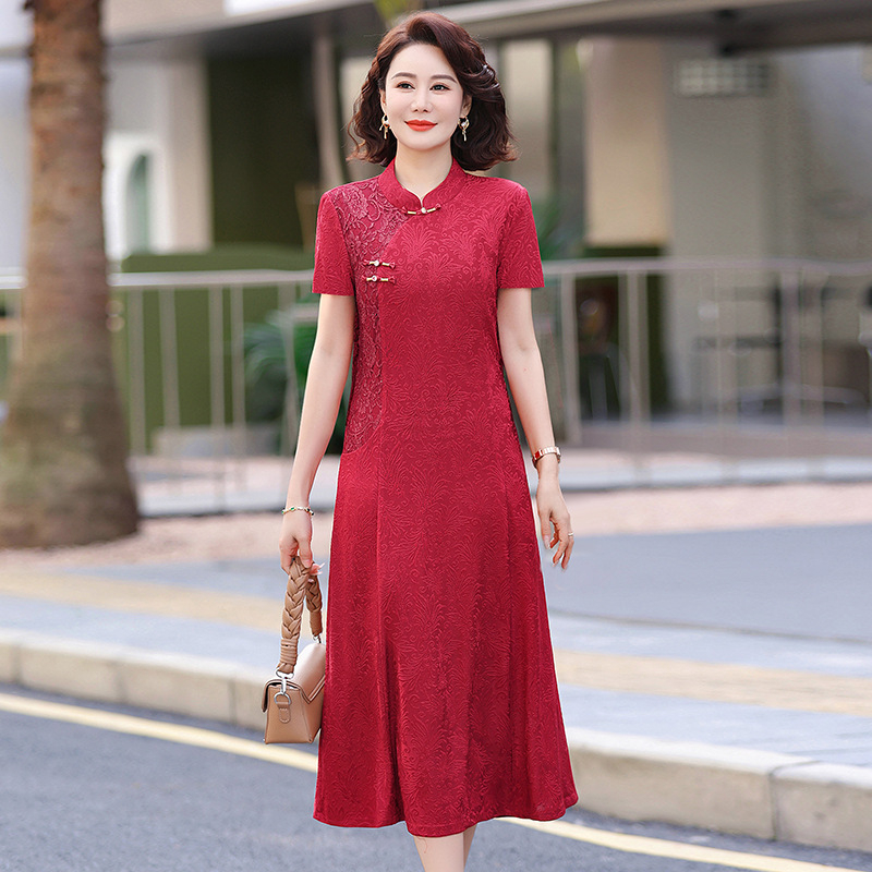 Haljina od poliester z cvjetnim uzorkom, jacquard tkanina, stojeći ovratnik, A-linijski kroj, midi duljina