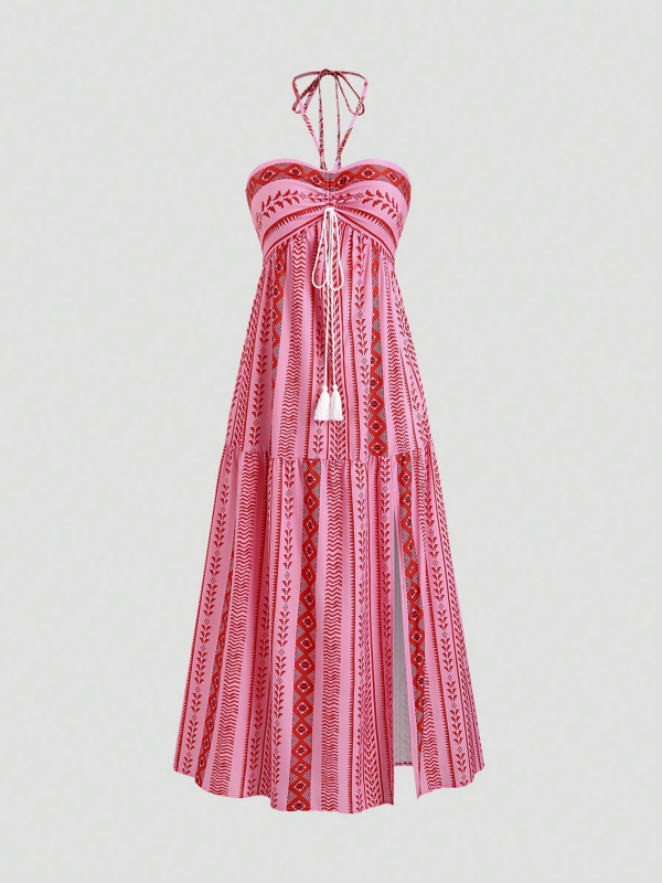 Halterneck ruha, bez rukávov, geometrijski uzorak, A-linijski kroj, srednja duljina